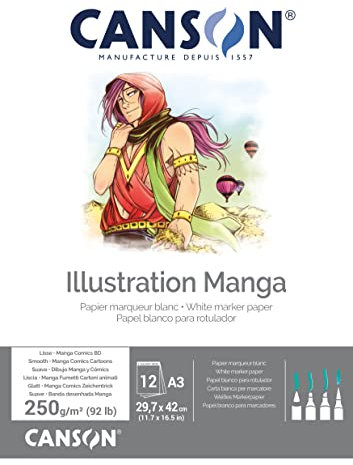 CANSON Illustration Manga, glattes Papier, 250 g/m², an der kurzen Seite geleimter Block, DIN A3, 29,7 x 42 cm, Weiß, 12 Blatt