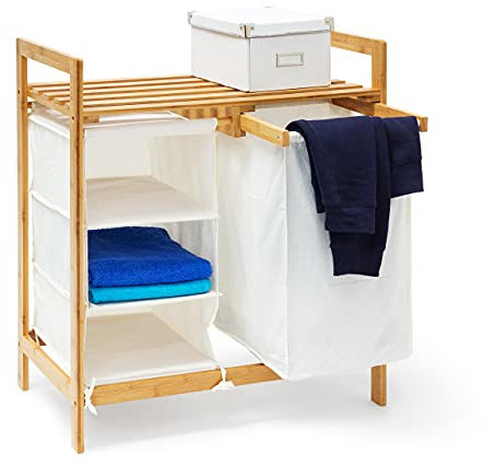 Relaxdays Wäschesammler Linea Bambus HxBxT: ca. 77 x 69,5 x 36 cm Wäschepuff mit 40 Litern Volumen 2 Ablagen und 3 Fächern als Wäschebehälter mit Wäschesack aus weißem Stoff und 2 Griffen, natur