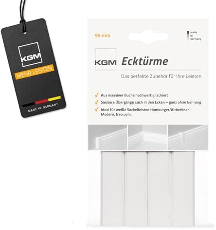 KGM 4x Eckturm Vorteilspack – Weiß lackierte Innen-, Außenecke oder Verbinder zwischen den Sockelleisten – Auch als Endkappe, Abschluss & Endstück geeignet – Maße: 21 x 21 x 95 mm – 4 Stück