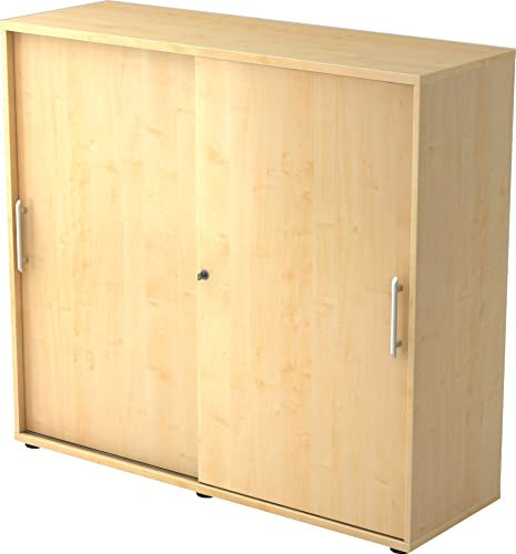bümö Schiebetürenschrank 3OH - Aktenschrank abschließbar, Sideboard Schrank mit Schiebetüren in Ahorn - Büroschrank aus Holz mit Schiebetür, Büro Kommode für Ordner & Co.