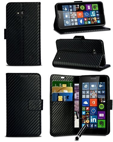 London Gadget Store Compatible with Blackberry Leap - Carbon Fibre Style Leather Wallet Flip Skin Case Cover with Mini Capacitive Stylus in Black