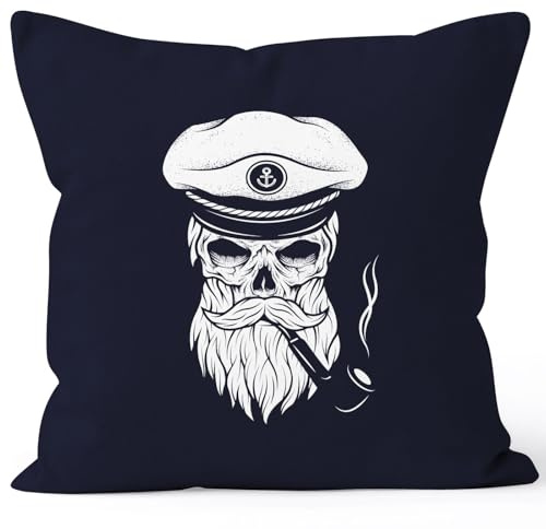 Autiga Cooler Kissenbezug Totenkopf Kapitän Captain Skull Bard Hipster Original Spirit Seemann 40x40 Baumwolle Navy 40cm x 40cm