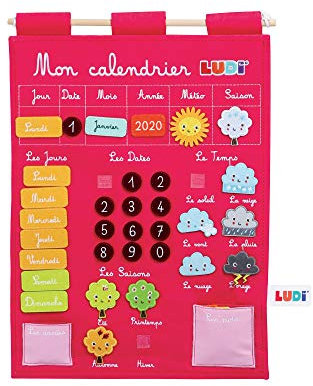 LUDI - Calendrier Éducatif Rose En Tissu Brodé - Dès 3 Ans - 45 Étiquettes Amovibles - Développe La Découverte, La Réflexion & L'Organisation - 40 x 53 x 1 cm