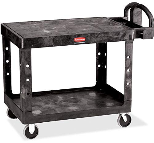 Rubbermaid Commercial Heavy-Duty Utility Cart, Ergo Handle, Flat Shelves, Medium, Black (FG452500BLA)