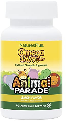 NaturesPlus Animal Parade Omega 3 6 9 Junior - Plant and Fish Oil for Kids - Healthy Brain Function - Natural Lemon Flavour - Gluten Free - 90 Softgels
