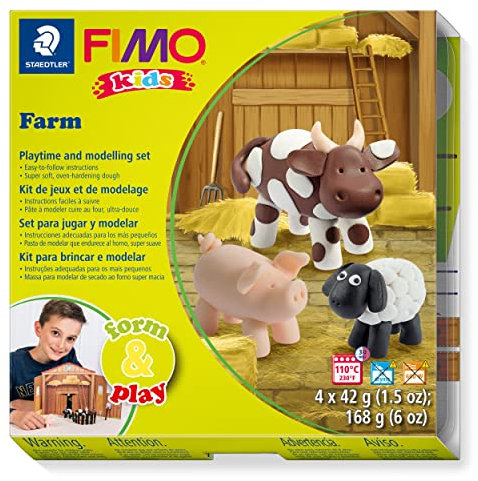 Staedtler 8034 01 LY Fimo kids form&play Set Farm (superweiche, ofenhärtende Knete, kinderleichte Anleitung, wiederverschließbare Box, Set mit 4 Fimo Blöcken, 1 Modellierstab und 1 Spielkulisse)