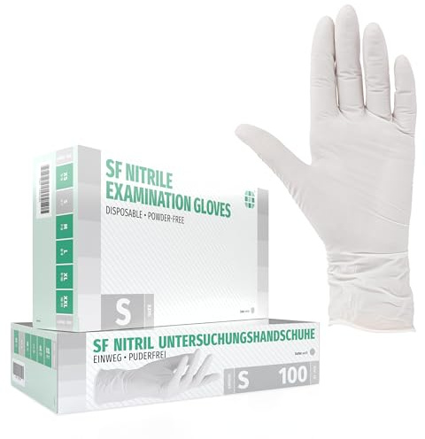 SF Nitrilhandschuhe S Weiß – 100 Stück Einweghandschuhe, latexfrei | Puderfreie Einmalhandschuhe für Tattoo, Werkstatt, Küche, Reinigung und Haushalt; vielseitig für Gewerbe und Alltag