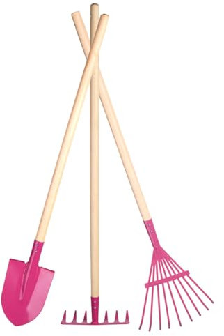 Kindergartengeräte 1 von 8, Kinder Garten Werkzeuge Geräte Schaufel, Besen, Rechen, Laubbesen, Harke, Grubber, Doppelhacke, Spaten, Metall mit Holzstiel (Set 3 TLG. grün)