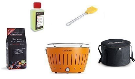LotusGrill Starter Set 1 x arancio mandarino con connettore USB, 1 x carbone di faggio da 1 kg, 1 x pasta combustibile da 200 ml, 1 x pennello per marinatura giallo mais, 1 x borsa per il trasporto.