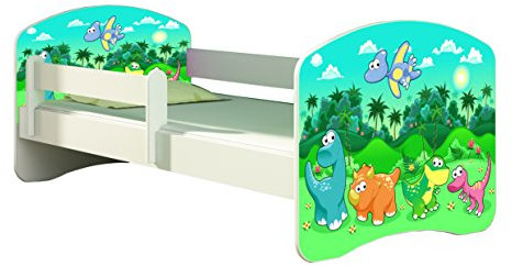 Kinderbett Jugendbett mit einer Schublade und Matratze Weiß ACMA II 140 160 180 40 Design (140x70 cm, 30 Dino)