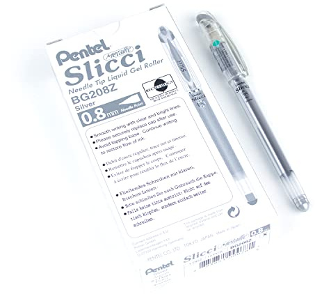 Pentel Arts Slicci Metallic 0.8 mm Needle Tip Gel Pen, Silver Ink, Box of 12 (BG208-Z)