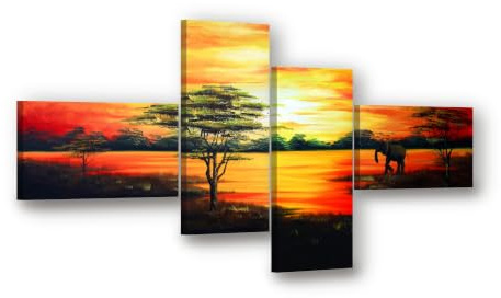 Visario Leinwandbild 4-teilig XXL 160x70 cm 6504 - Afrikanische Savanne im Sonnenuntergang - Akazien und Elefant vor glühendem Himmel - Wandbild-Set fertig aufgespannt auf Holzrahmen