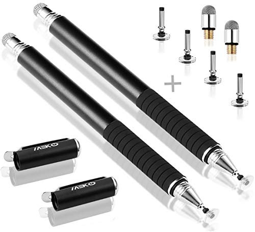 MEKO Lot de 2 stylets universels 2 en 1 série Precision pour écrans tactiles capacitifs, téléphones portables, tablettes, ordinateurs portables avec 6 embouts de rechange Noir/noir