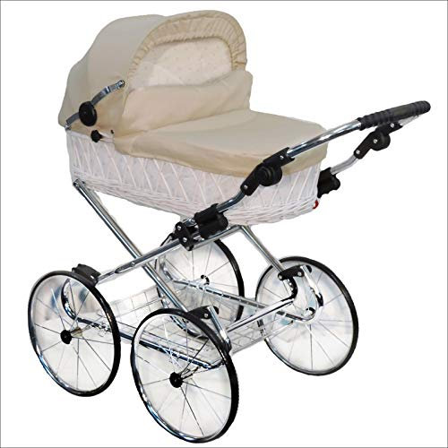EICHHORN Kindewagen Korb Puppenwagen Retroklassiker (Korb Weiß, Stoff Beige)