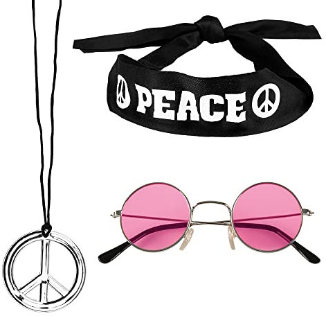 Boland 44518 - Zubehörset Peace, 3-teiliges Set, Stirnband, Partybrille und Halskette, Modeschmuck, Flower Power, 70er Jahre, Hippie, Accessoire, Verkleidung, Kostüm, Karneval, Mottoparty