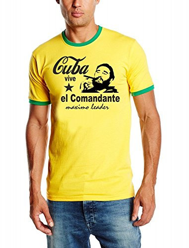 Coole Fun T-Shirts Fidel Castro EL Comandante Vive Cuba Tshirt Ringer Kuba, gelb/grün, Grösse: L