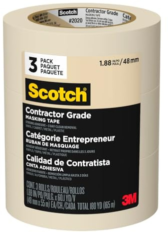 Scotch Contractor Grade Masking Tape, Tan, Tape for General Use, Multi-Surface Adhesive Tape, 1.88 Inches x 60.1 Yards, 3 Rolls