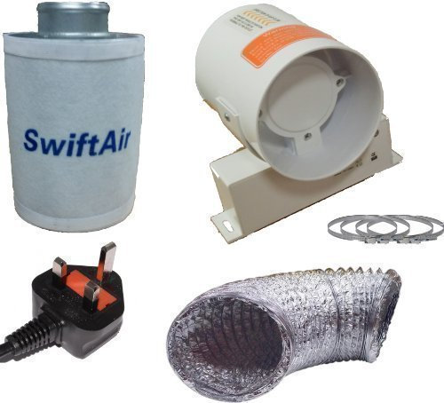 SwiftAir 4 in Line Fan Carbon Filter & Duct Kit Hydroponic Grow Room Tent Ventilation with UK Plug