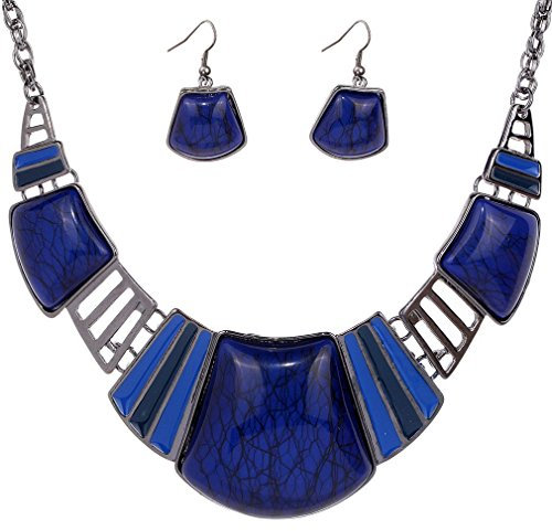 YAZILIND Vintage ethnischen tibetischen Sliver Türkis Bib Kragen Ohrringe Halskette Schmuck Set Frauen (Blau)