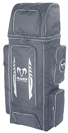 Ram Cricket Duffle Kit Bag – Senior & Junior Sizes – Durable Cordura Material, Y2K-Nylon Grade 8 Zips, Padded Shoulder Straps, Large 105L Capacity, Helmet, Bat & Shoe Pockets, Side Storage – Dark Grey