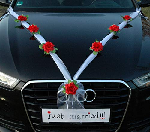 Organza M Auto Schmuck Braut Paar Rose Deko Dekoration Hochzeit Car Auto Wedding Deko Girlande PKW (Rot/Weiß)