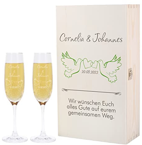 Leonardo Premium Geschenkbox mit 2 Sektgläser zur Hochzeit mit Gratis Gravur und bedruckter Privatglas Holzbox - schönes Hochzeits-Geschenkset