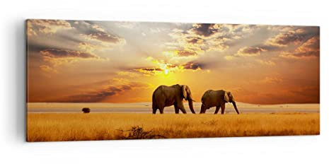 Moderne Impression sur Toile Les éléphants Safari jungle buisson Image Tableau Decoration Murale 140x50cm Deco Décoration Salon Chambre Panoramique Tableaux Decoratifs Muraux Art Wall AB140x50-3150