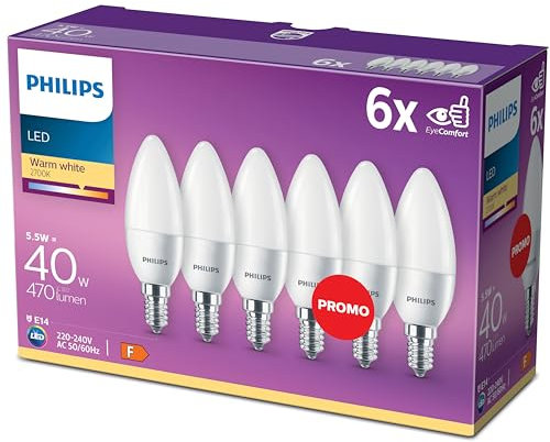 Philips LED E14 Candle Light Bulbs, 4.9 W (40 W) - Warm White, Pack of 6