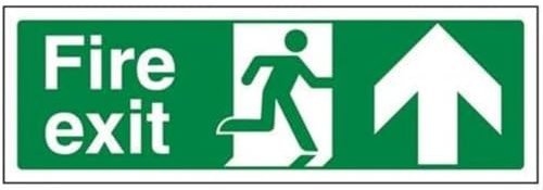 VSafety Schild mit Aufschrift auf Englisch „Fire Exit“ und einem Pfeil nach oben – Querformat – 300 mm x 100 mm – 1 mm dick, harter Kunststoff