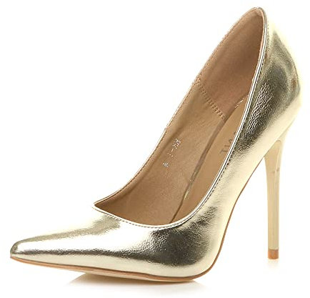 Ajvani Womens Ladies high Heel Pointed Court Smart Party Work Shoes Pumps, Gold Metallic, 7 UK
