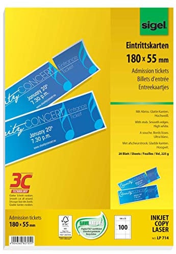 SIGEL LP714 Eintrittskarten zum Selberdrucken, 180x55 mm, 100 Stück (20 Blatt), mit Abriss