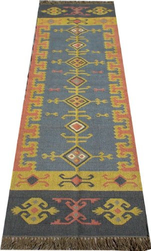 GURU SHOP Orientalischer Grob Gewebter Kelim Teppiche 250x80 cm - Muster 4, Blau, Leinen, Teppiche, Bodenmatten