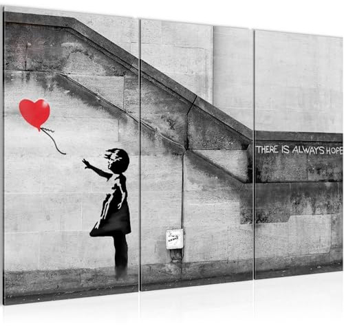 Runa Art Wandbilder Banksy Ballon Girl Bild XXL Loft Wohnzimmer Red Street Art 120 x 80 cm 3 Teilig 301631a