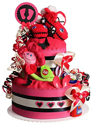 MomsStory - Windeltorte Mädchen | Auto-Motive | Baby-Geschenk zur Geburt Taufe Babyshower | 2 Stöckig (Pink) mit Baby-Schuhchen