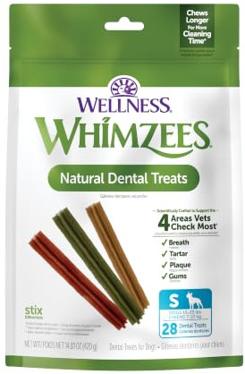 Whimzees Wellness Stix Dog Dental Treat, Chews, Freshens Breath, Small Size Sticks, 14.81 oz Bag, 28 Count