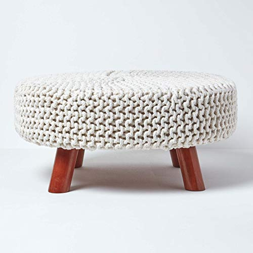 HOMESCAPES Natural Knitted Pouffe Footstool Occasional Seat 100% Cotton for Living Room Children or the Elderly