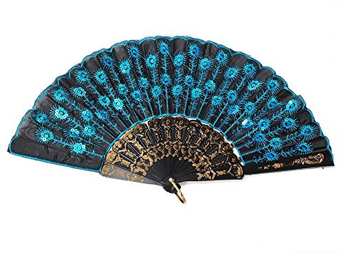 TPgoBuy Peacock Pattern Embroidered Flower Pattern Black Cloth Lace Silk Folding Hand Fan Sequins Flower Spanish Style Decorative Fashionable (Blue)
