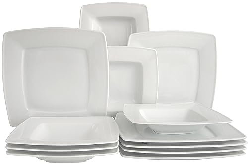 CreaTable, 12208, Serie Victoria weiss, 12-teiliges Geschirrset für 6 Personen, Tafelservice aus Porzellan, spülmaschinen- und mikrowellengeeignet, Made in Europe