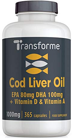Cod Liver Oil Capsules High Strength 1000mg 365 Omega 3 Softgels, EPA DHA Vitamin A, Vitamin D3, 1 Year Supply, Heart, Brain, Eye Health and Immune System Support, Gluten Free, UK Made, by Transforme