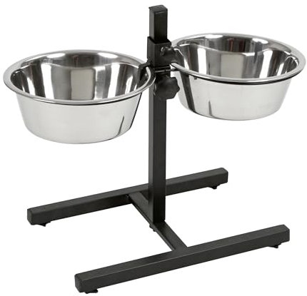 Mangeoire Kerbl avec bols en acier inoxydable, Mangeoire pour chien réglable en hauteur, 2 x 2800 ml, Hauteur 43 cm, Noir