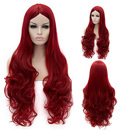 CoastaCloud 30LOLITA Moda Peluca Largo Pelo Ondulado Rizado para Fiesta Adultos Rojo Oscuro