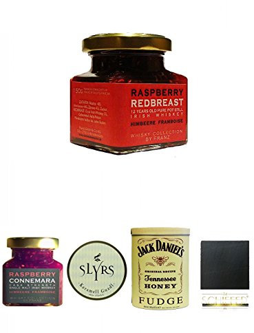 Redbreast 12 Jahre Himbeere Marmelade 150 Gramm Glas + Connemara Irish Whisky Himbeer Marmelade 150g im Glas + Slyrs bayerische Guadl 200 Gramm Karamellbonbons ohne Alkohol + Jack Daniels - HONEY - Fudge 300 Gramm + Schiefer Glasuntersetzer eckig ca. 9,5