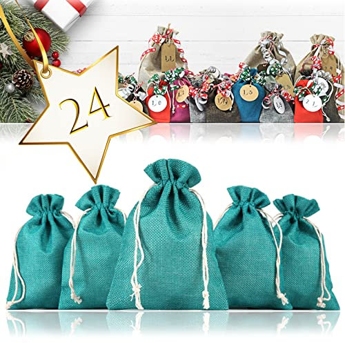 Ganzoo 24er Set Jutesäckchen für Adventskalender zum selbst befüllen, 17,5cm x 12,5cm, Jutebeutel, Stoffbeutel, Natur Säckchen, Geschenksäckchen, Sack, Beutel – (Dunkelgrün)