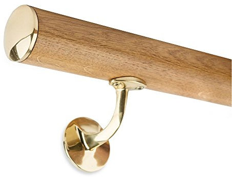 Round handrail set 45 mm x 1000 mm long, varnished oak wood including brass end cap and 2 holders