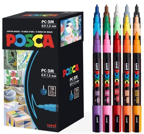 Posca Uniball Uni 15-teiliges Pinselspitzen-Marker-Set sortiert auf Pigmenttinte auf Wasserbasis, feine Kegelspitze