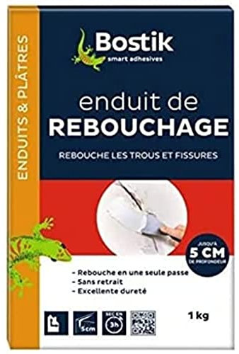 Bostik Enduit de Rebouchage Poudre, Enduit Intérieur pour Reboucher Trous et Fissures jusqu'à 5cm, Tous Supports, Boite Carton de 1kg, Blanc