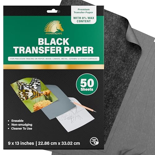 MyArtscape Graphite Transfer Paper 9 x 13 50 Waxed Sheets | Waxed carbon paper graphite transfer paper with 10 reusable 18 x 24 sheets for tracing on canvas wood paper metal and ceramic