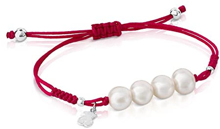 TOUS Pulsera de Cuerda Fucsia y Perlas para Mujer con Motivo Oso en Plata de Primera Ley, 16 cm de Largo, Original y Atrevida, Colección Pearls