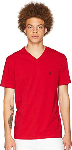 Nautica Men's Short Sleeve Solid Slim Fit V-neck T-shirt henley shirts, Nautica Red, L UK