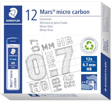 Staedtler Mars Micro Carbon 250 — Gehäuse mit 12 Graphitleitungen, 0,7 mm Hb — 12 Stück | Bruchfeste Feinminen für Druckbleistift – weiches Schreibgefühl – Art.-Nr. 250 07-HB